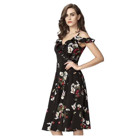 BLACK FLORAL CHIFFON MIDI DRESS - Picture 2 of 8